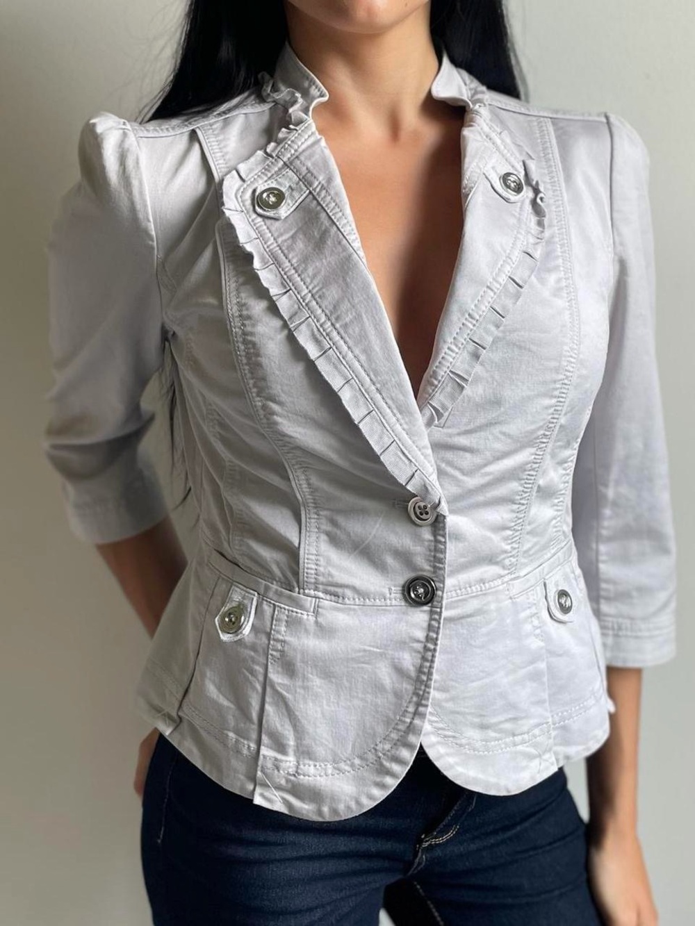 White House Black Market Ruffle Gray Blazer